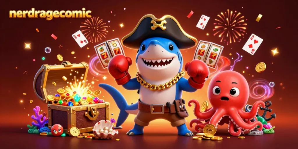 NerdRageComic menampilkan hiu kartun bajak laut, ikan puffer marah, dan bayi cumi dengan koin emas dalam ilustrasi 3D penuh warna.