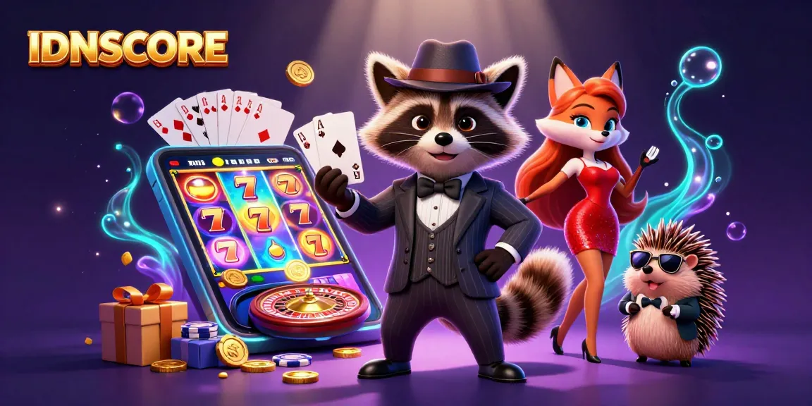 Experience winning rewards at IDNSCORE with a charming raccoon, fox, and hedgehog in a vibrant casino scene.