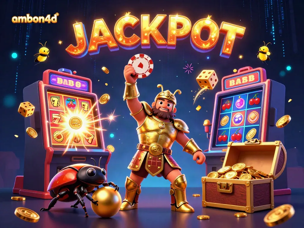 Win big on ambon4d with a playful 3D scene of a hercules beetle celebrating a jackpot.