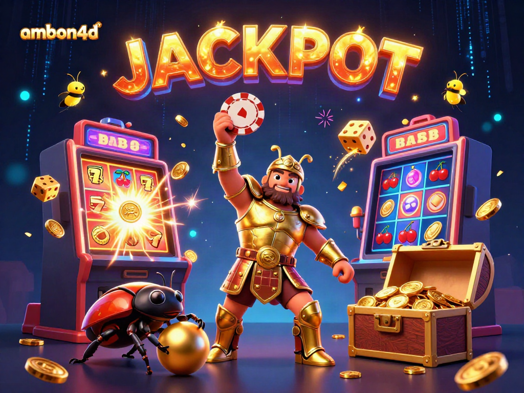 Win big on ambon4d with a playful 3D scene of a hercules beetle celebrating a jackpot.