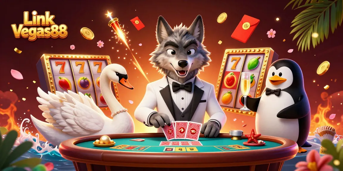 Engage with Link Vegas88 slots as a wolf, swan, and penguin celebrate winnings at a vibrant casino table.