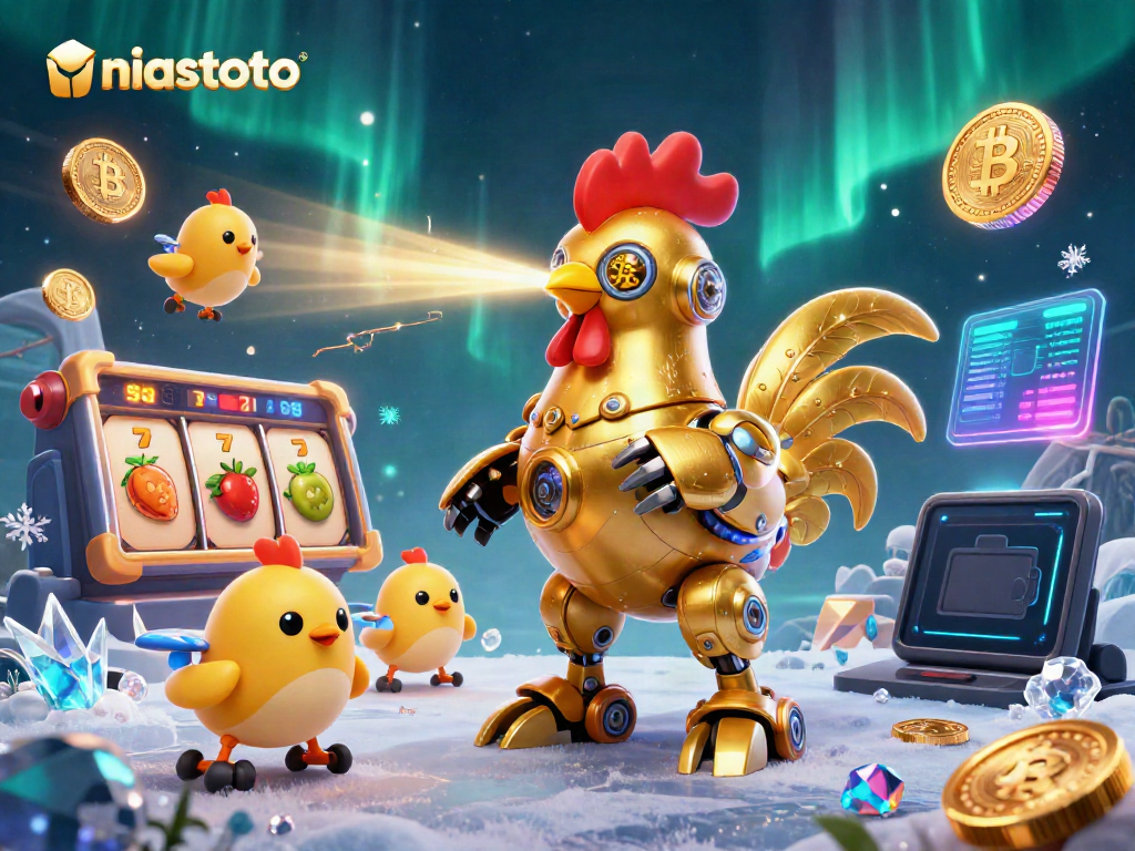NIASTOTO's vibrant slot game scene features an energetic golden rooster robot and baby chick drones with coins and crystals.