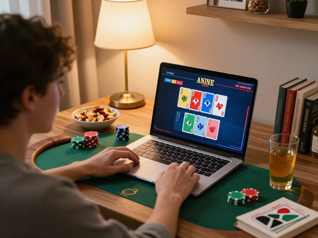 Playing poker at home on a laptop while enjoying snacks, focusing on responsible gaming tại ok365