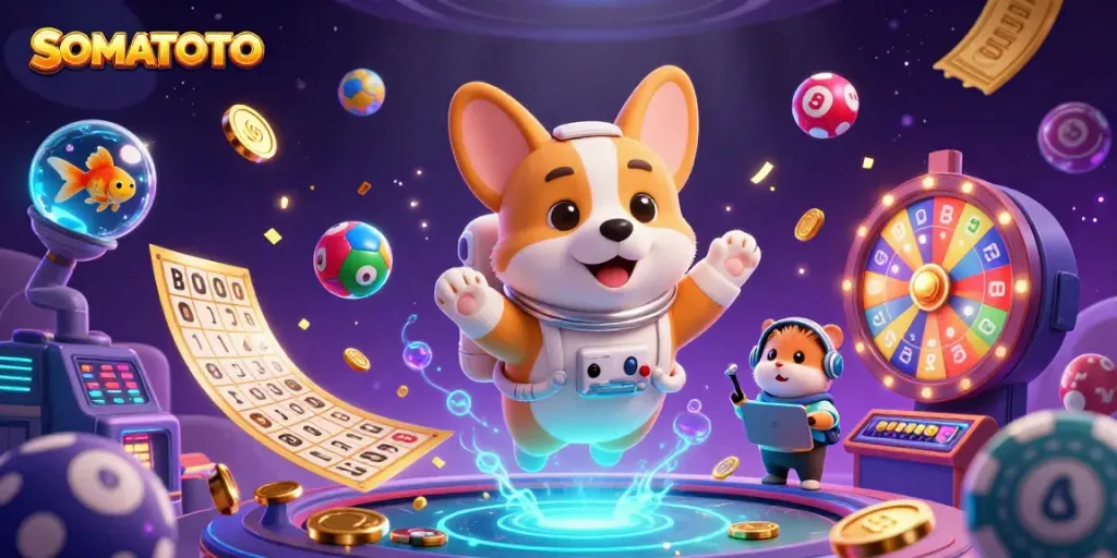 SOMATOTO: Play in a vibrant space casino adventure with exciting lottery games and floating characters.