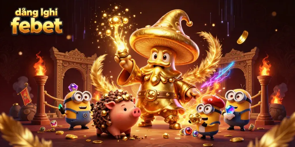 Engage in vivid magical moments with a golden mushroom wizard in a vibrant casino scene while đăng ký febet to unlock exciting rewards.