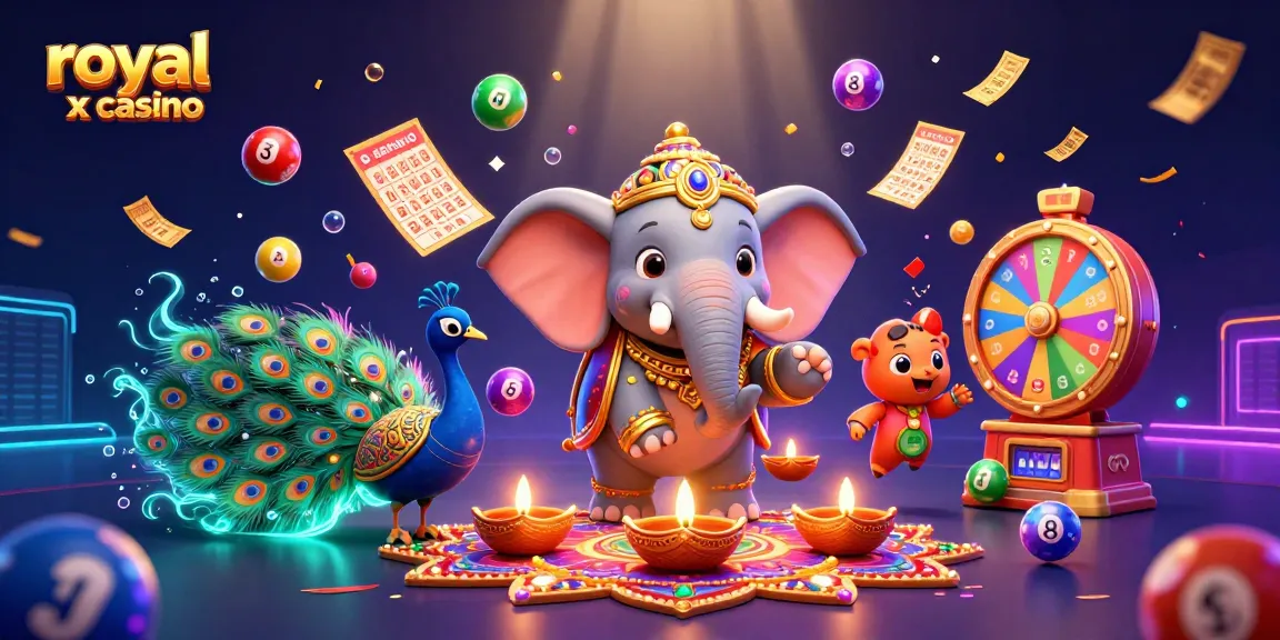 Play engaging games at royal x casino, featuring 3D elephant and vibrant lottery elements.