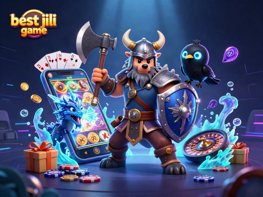 Experience the best jili slot game with a dynamic 3D scene featuring a Viking wolf, dragon, and vibrant casino elements.