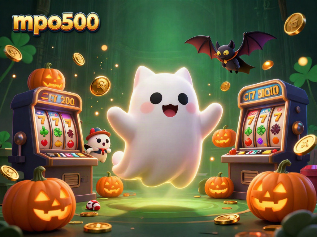 Menang bersama mpo500 dengan kucing hantu di kasino berhantu dan simbol jackpot yang berkilau.
