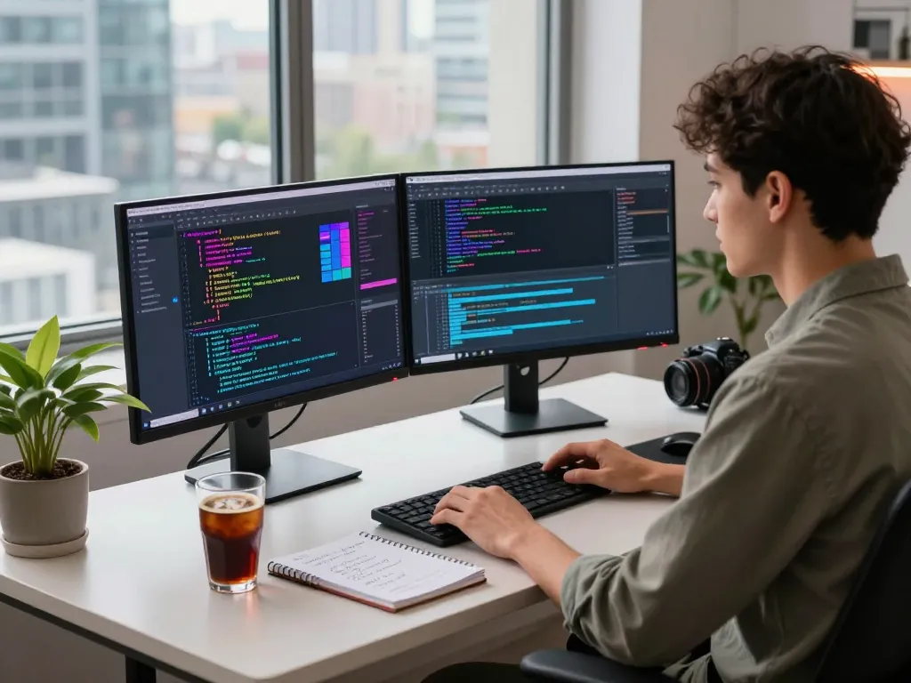 Innovative workspace showcasing crush ai development environment with vibrant coding screens and natural light