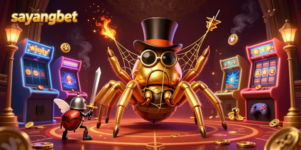 Experience thrilling gameplay with sayangbet as golden casino characters entertain in a lavish setting.