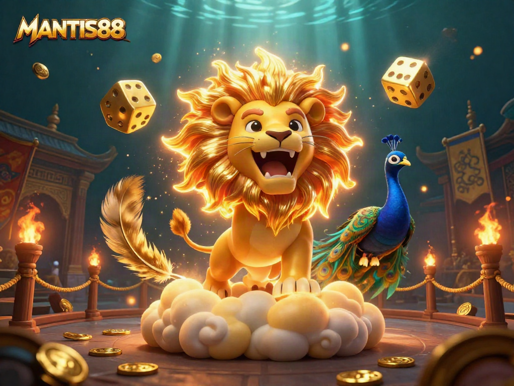MANTIS88 reveals a vibrant, thrilling online gambling scene featuring a roaring sun lion and dynamic golden dice.