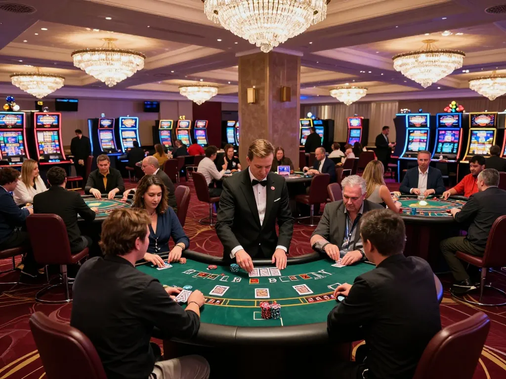 Players engaging in TR88 blackjack strategy at an upscale casino table with vibrant atmosphere