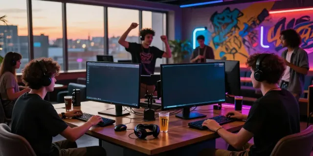 Dynamic urban music and gaming experience at https://jakartabeat.net, friends enjoying digital party