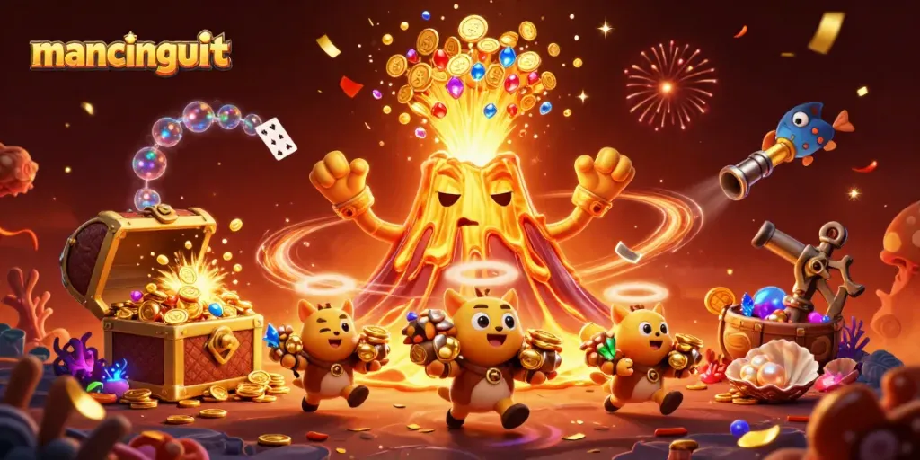 Mancingduit showcases thrilling gameplay with a golden volcano spouting treasures and vibrant casino elements.