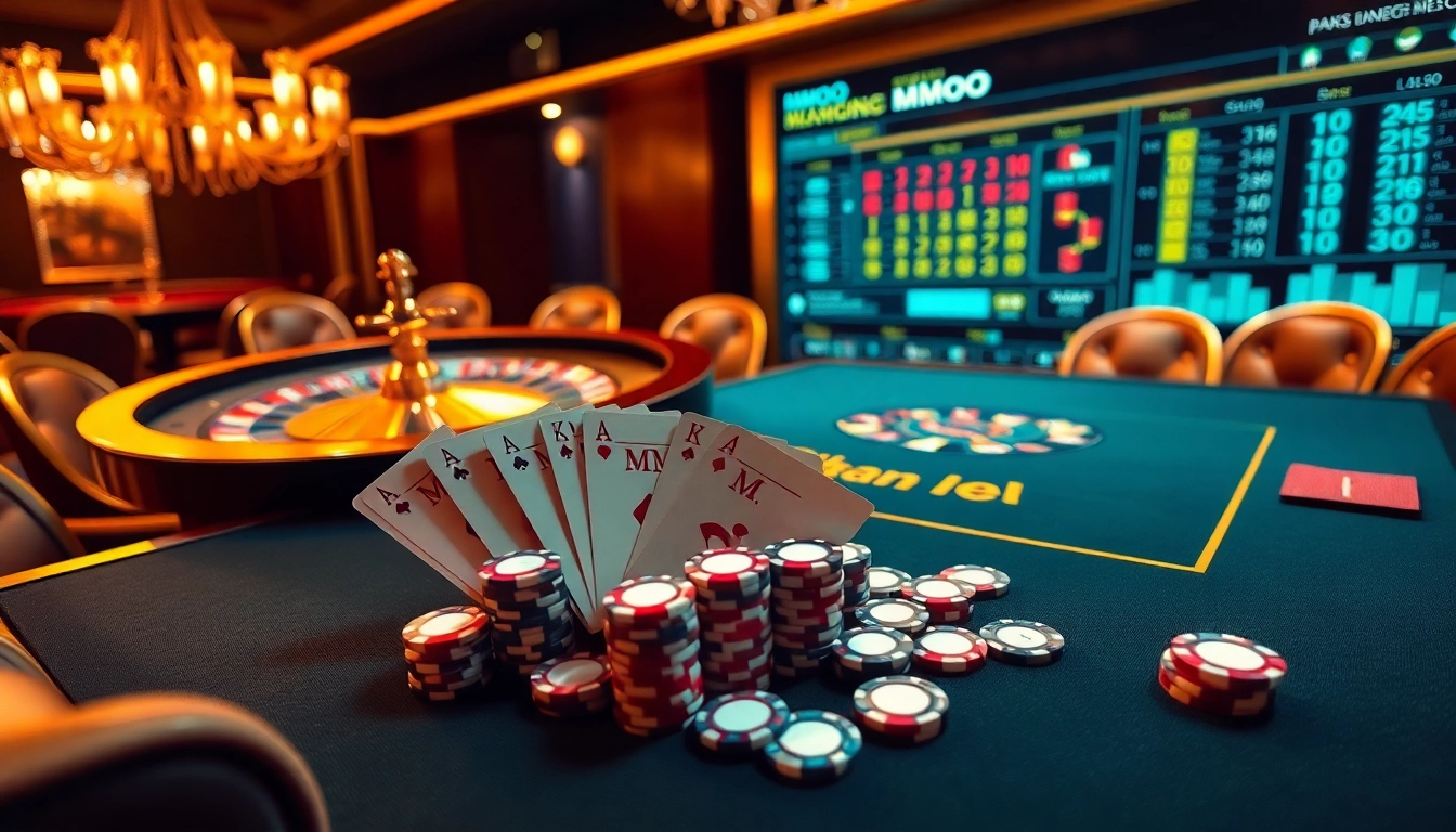 Players enjoying an exciting game at MMOO casino table with poker chips and cards.