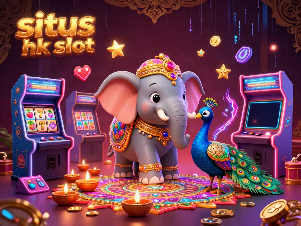 Situs hk slot showcases vibrant casino elements with a Diwali-themed elephant and peacock amidst engaging game visuals.