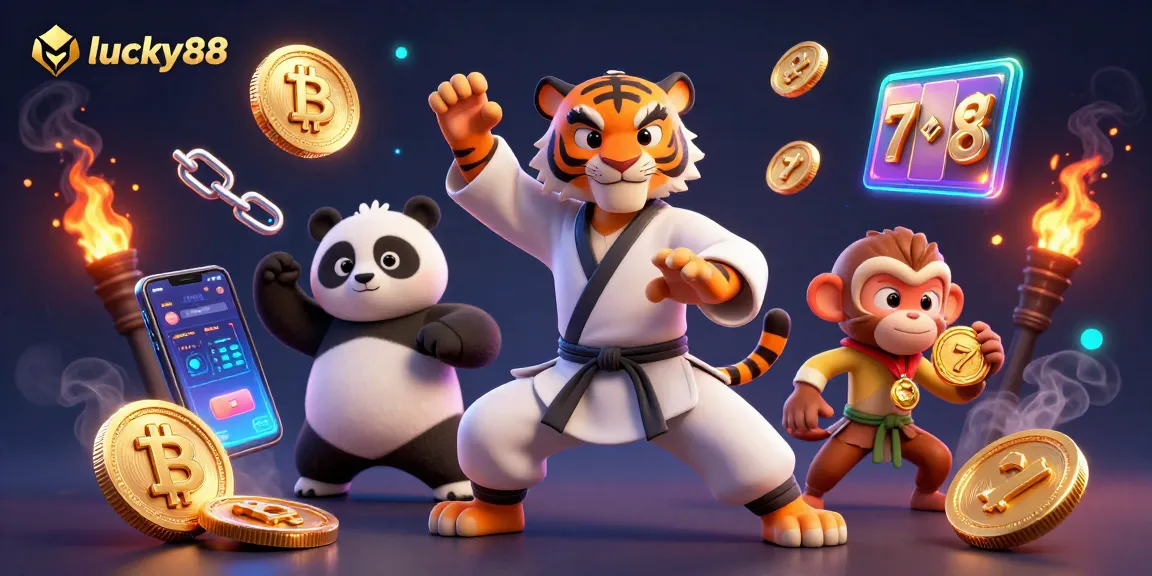 Experience lucky88 action as a kung fu tiger, panda, and monkey amidst vibrant casino elements.