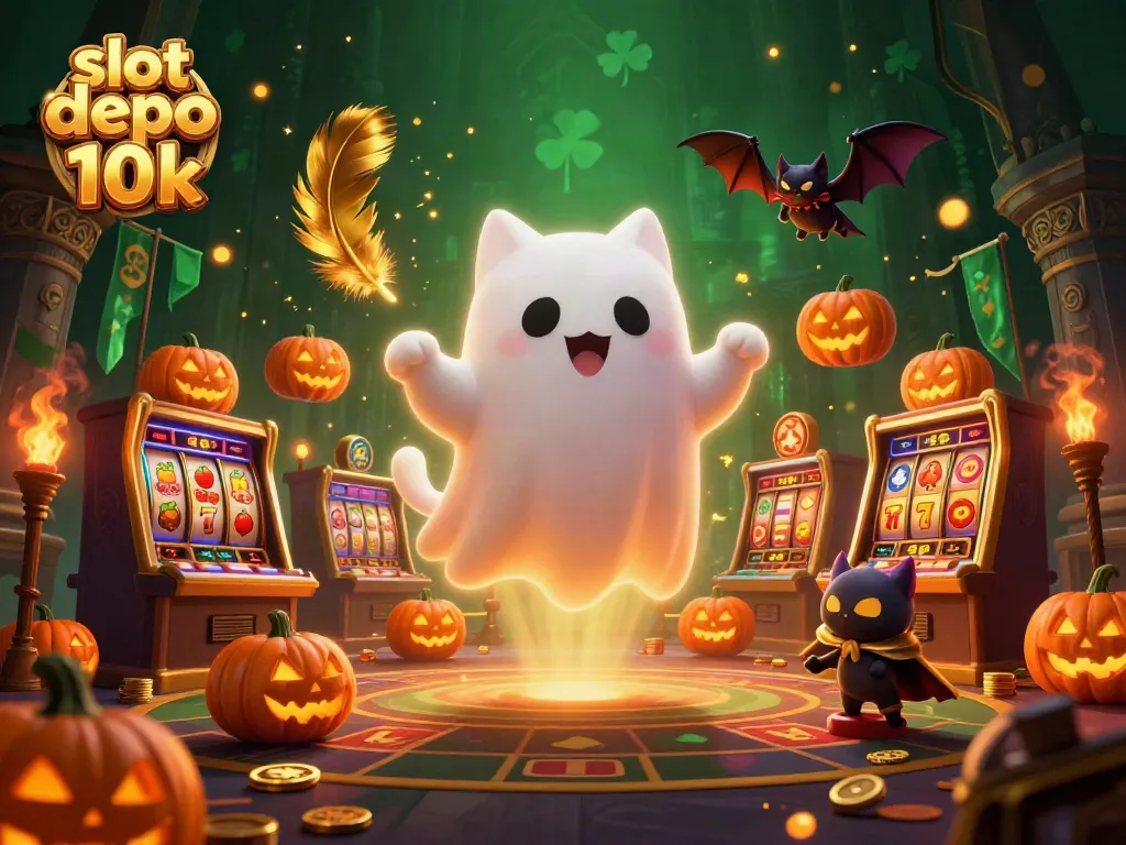 Engage with the exciting slot depo 10k experience featuring a ghost cat and vibrant casino elements