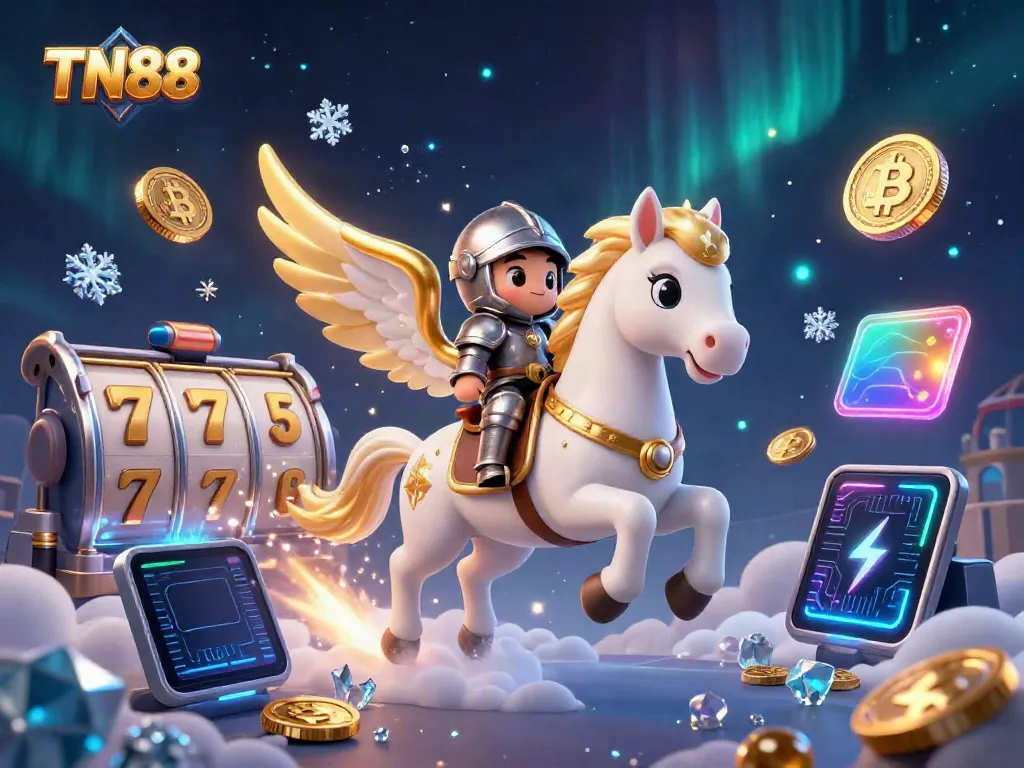 Experience the dynamic world of TN88 with a celestial theme showcasing a knight and slot game elements.