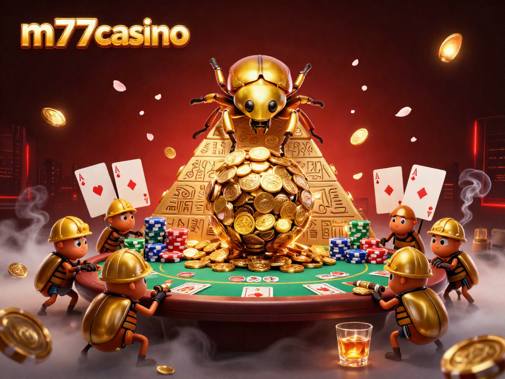 Ilustrasi kasino 3D yang menarik dengan m77casino, kumbang emas memainkan dadu keberuntungan.
