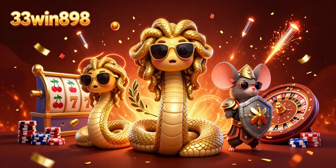 Experience exhilarating gaming action with 33win898's vibrant 3D casino illustration featuring Medusa and lucky symbols.