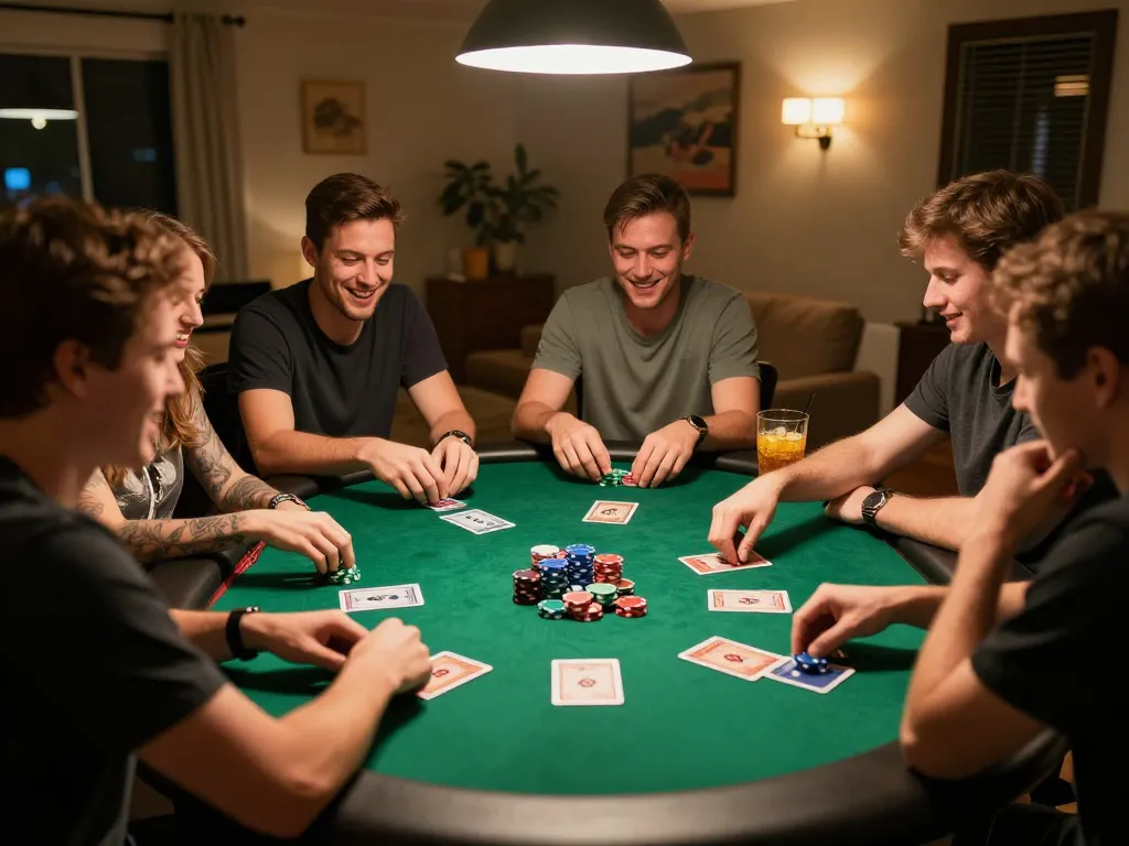 Engaging home poker night with friends playing Texas Hold'em on IDC88JOKER platform, vibrant atmosphere and strategy.