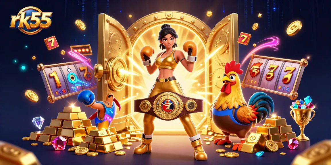 Experience jackpot thrills with rk55 as a powerful woman and boxing rooster celebrate winning in a vibrant casino.