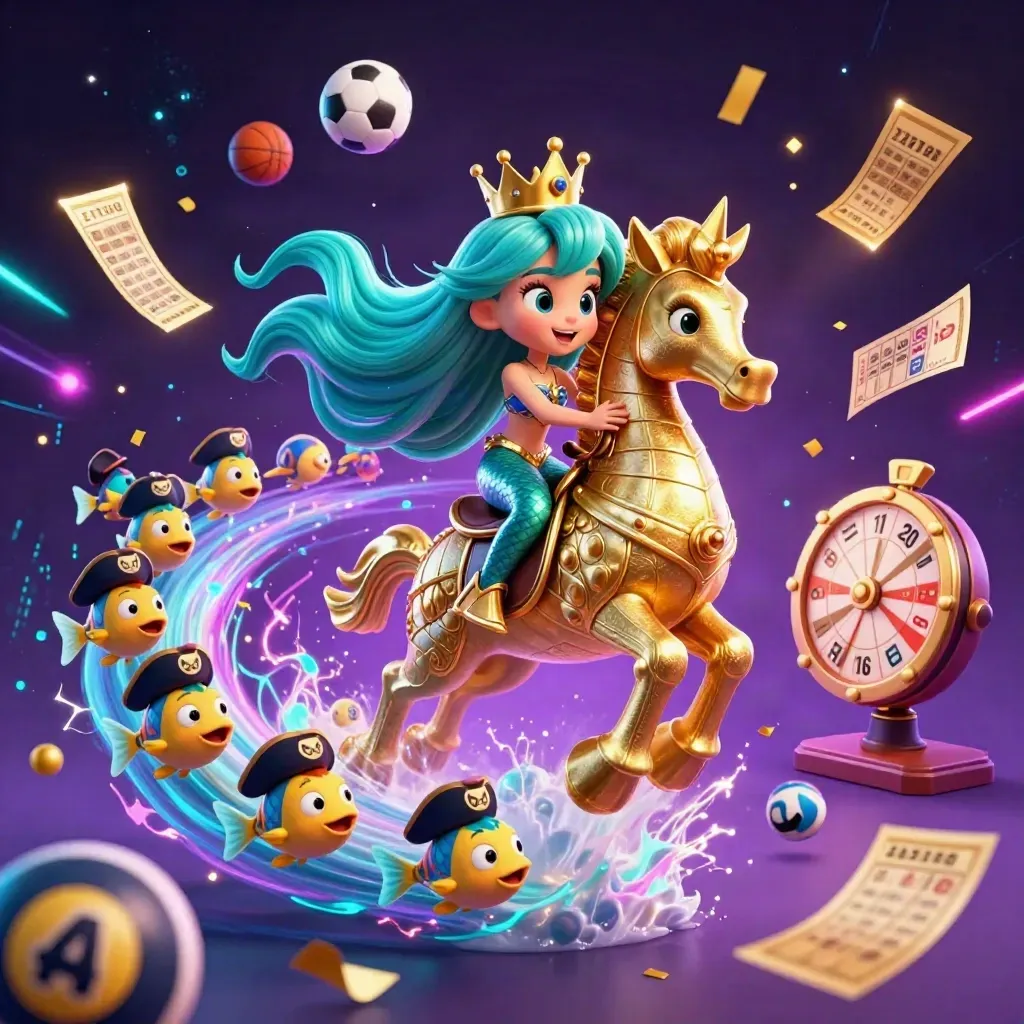 Putri duyung bermahkota di kuda laut emas dikelilingi ikan bajak laut, bola, dan efek neon kasino.
