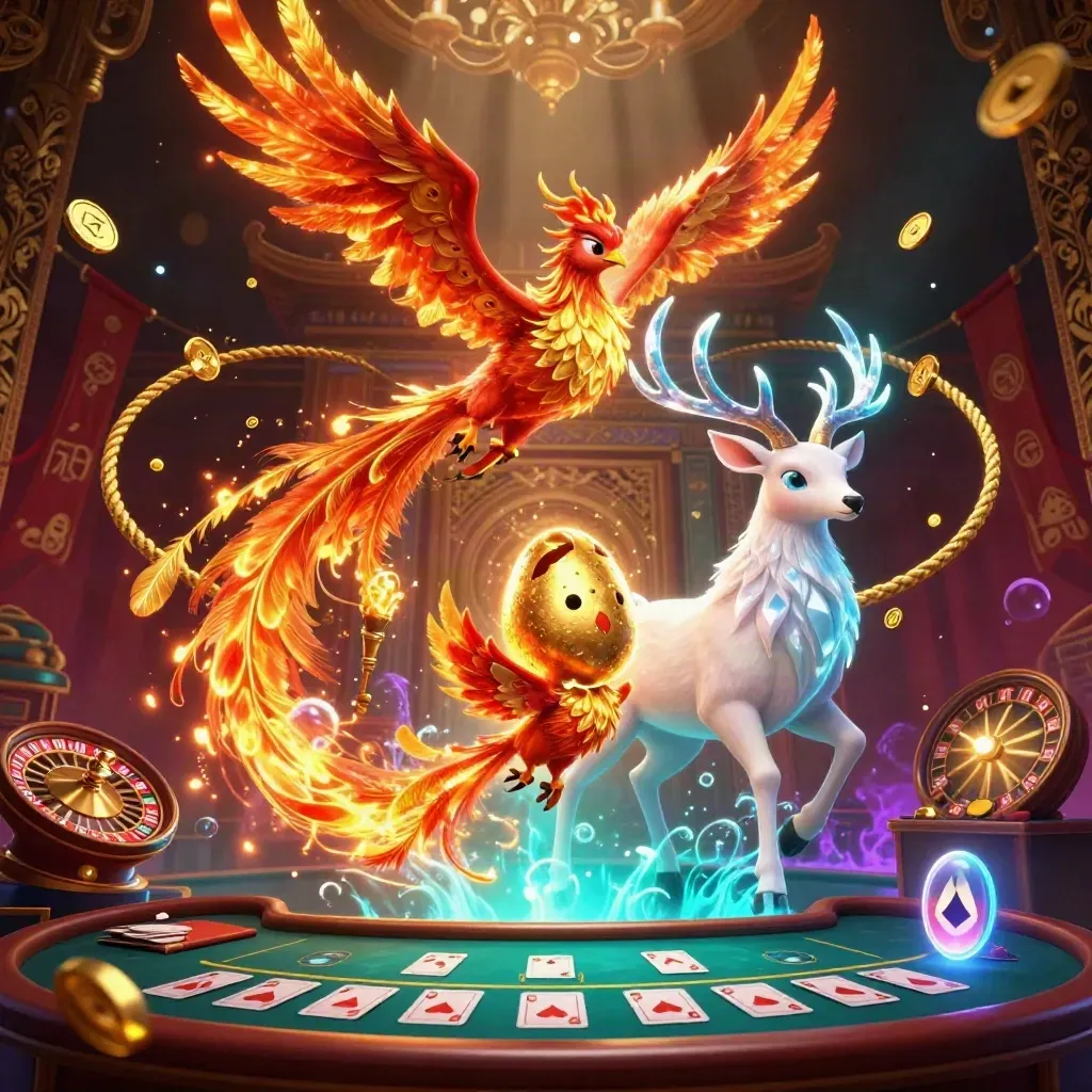 Phoenix, rusa kristal, dan bayi phoenix di latar kasino laut mewah.