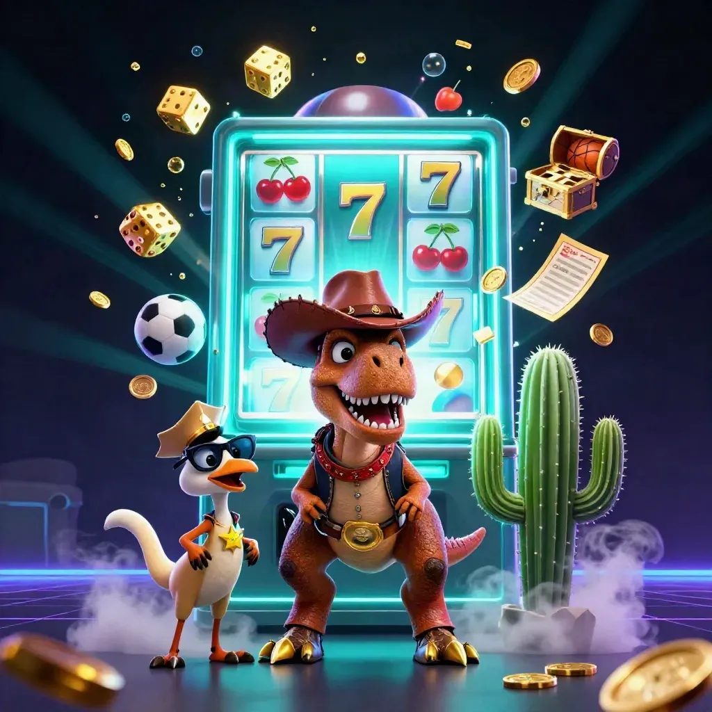 T-Rex koboi, roadrunner, dan kaktus di ledakan slot emas bernuansa laut neon.