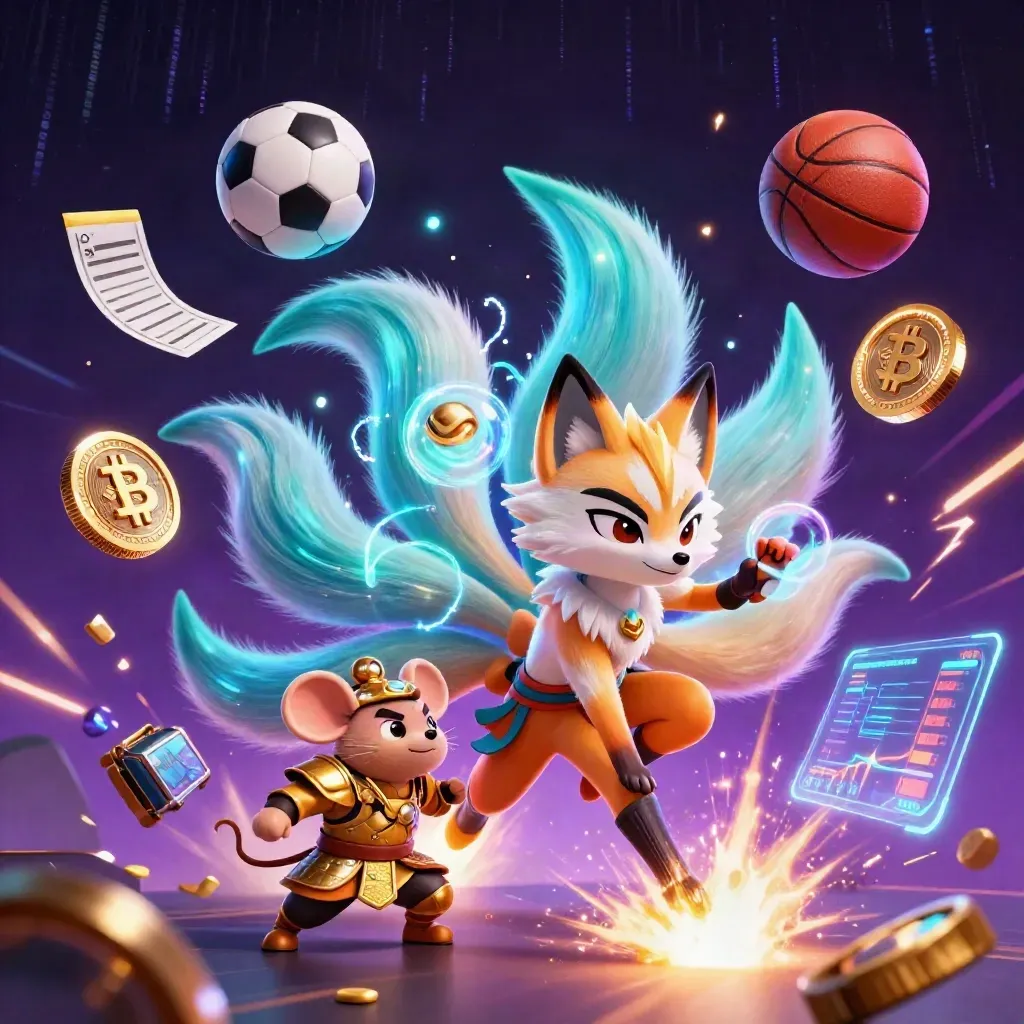 Rubah roh berekor sembilan dan tikus samurai emas dikelilingi koin kripto, bola, dan cahaya neon.