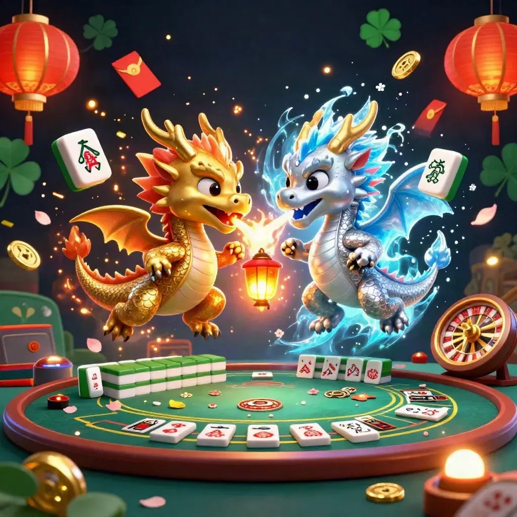 Naga emas dan perak terbang dengan lentera, ubin mahjong, lampion, meja kasino, cahaya mewah.