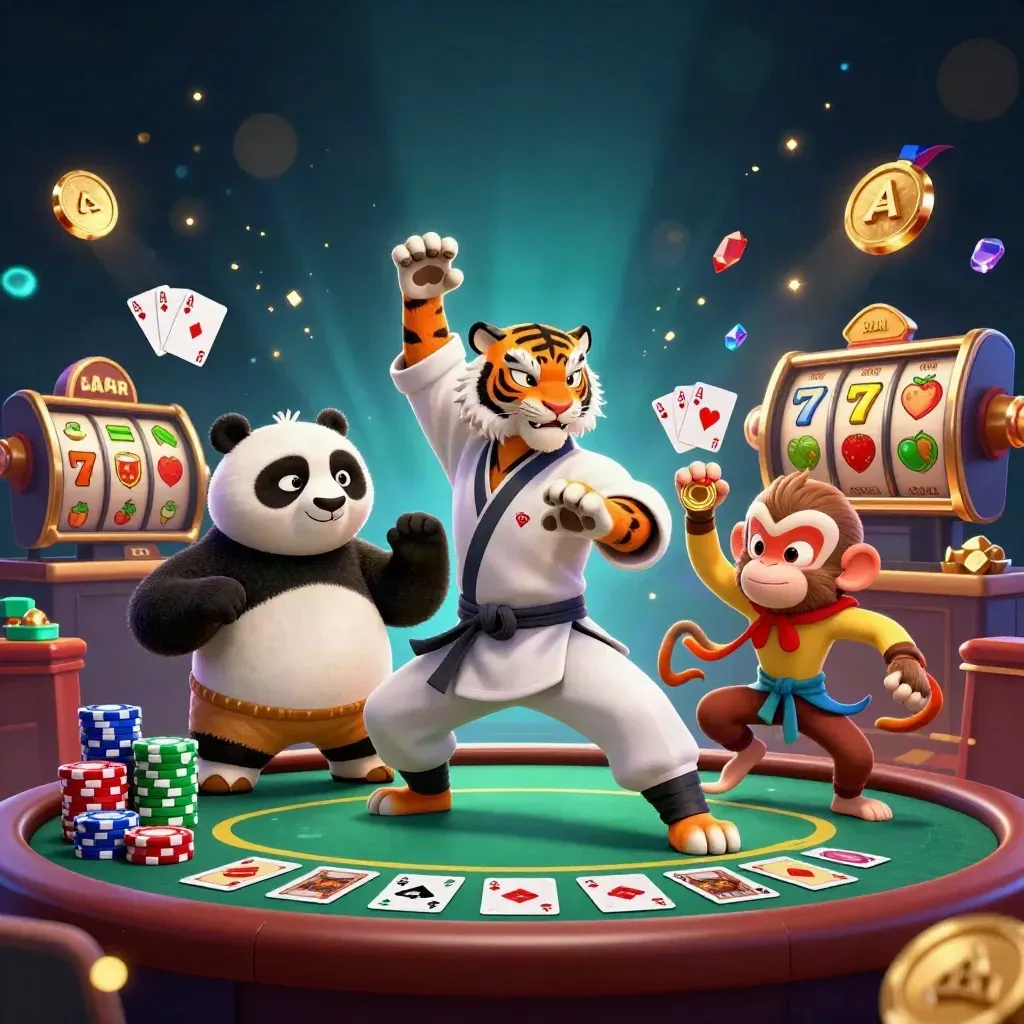 Tiga karakter kung-fu di kasino, chip, kartu, efek cahaya laut mewah
