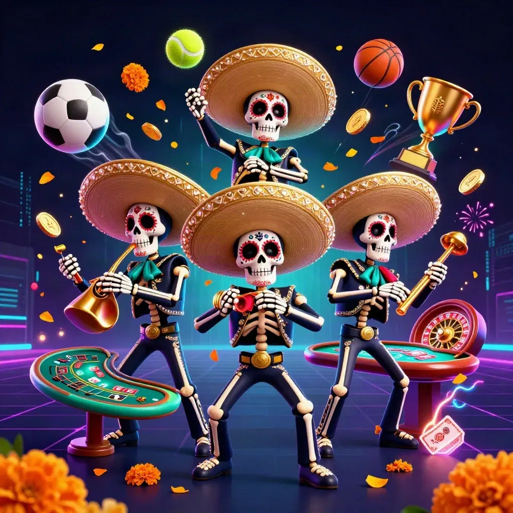 Tiga kerangka mariachi di tengah koin emas, bola olahraga, dan cahaya neon kasino.