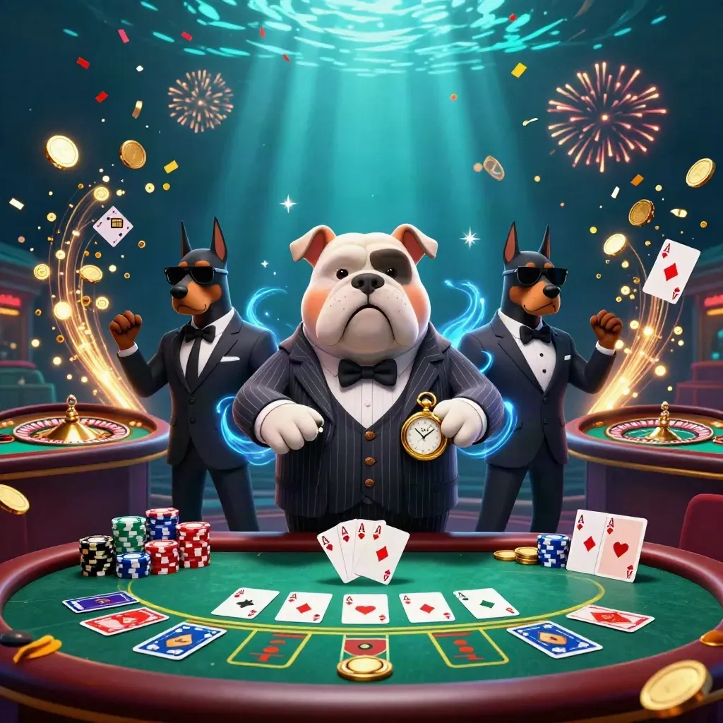 Bulldog bos judi dan dua Doberman dikelilingi meja poker, koin emas, dan efek laut mewah.