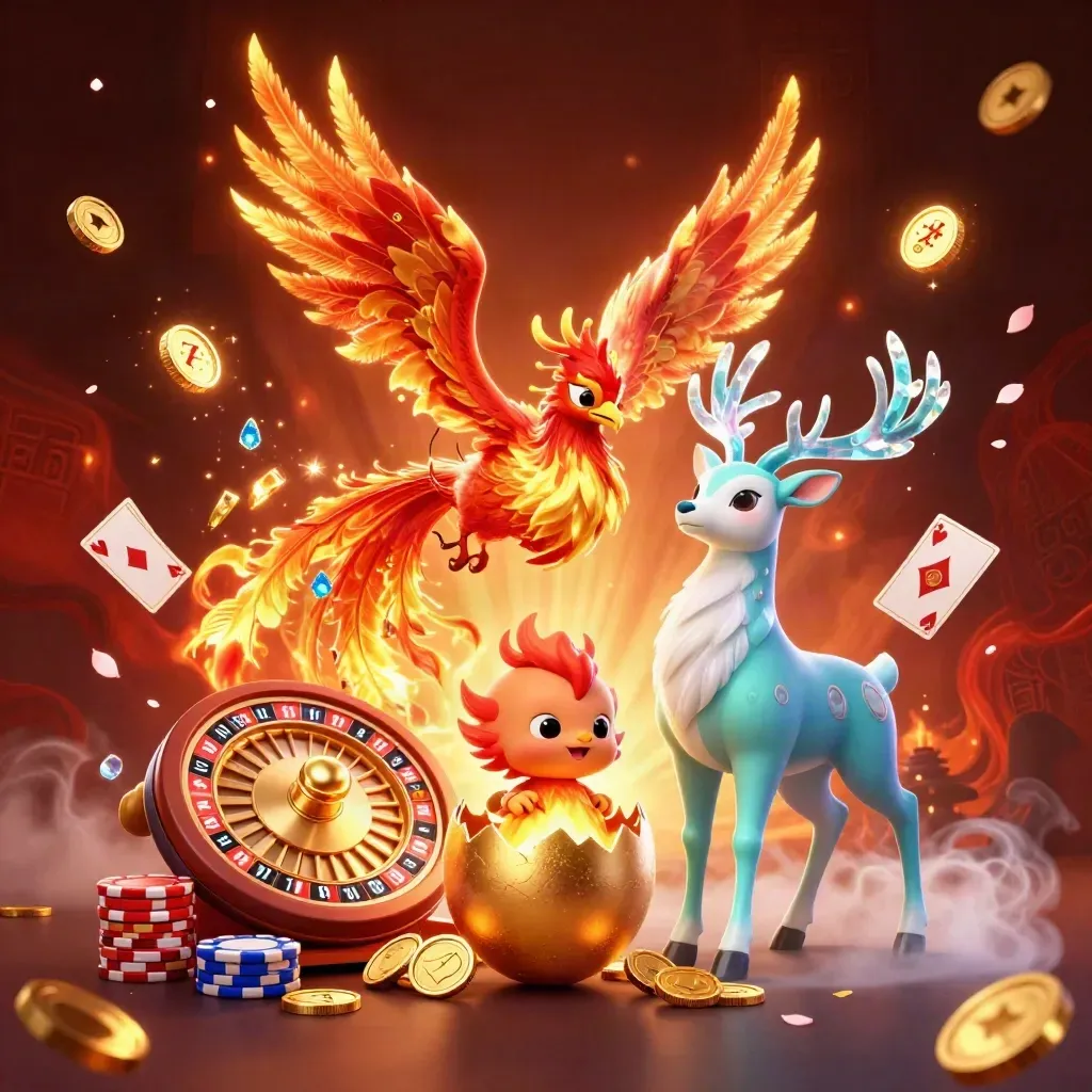 Phoenix api, rusa kristal, dan bayi phoenix dikelilingi koin emas dan simbol slot.