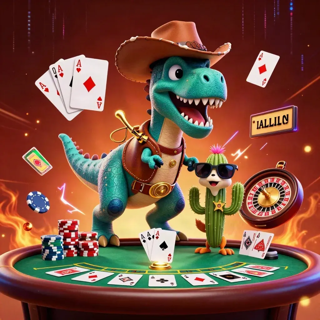 T-Rex koboi, kaktus berkacamata, dan roadrunner di meja poker neon.