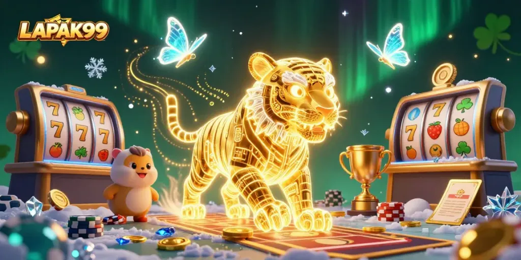 LAPAK99's neon tiger symbolizes easy wins in this vibrant casino scene with thrilling slot action.
