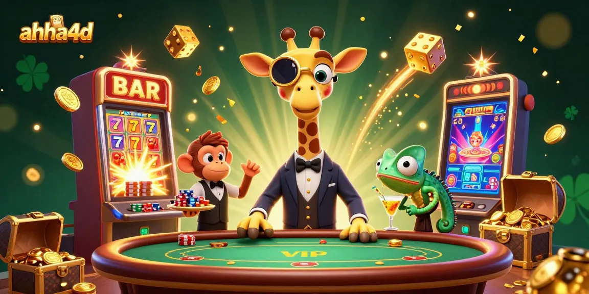 Experience thrilling wins with AHHA4D's engaging casino scene featuring a high-roller giraffe.