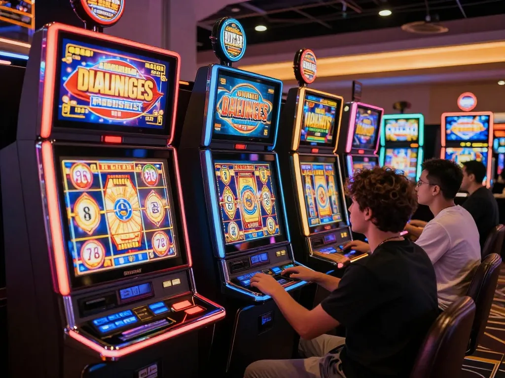 Players engaging with vibrant slot machines, celebrating wins in a dynamic casino environment