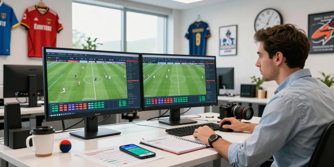 Sports analyst at soikeonhacai.com.co reviewing dynamic football match statistics in a modern office.