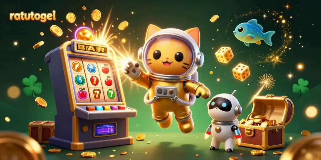 Experience the thrill of ratutogel with a playful scene of astronauts and casino elements alive in a cosmic setting.