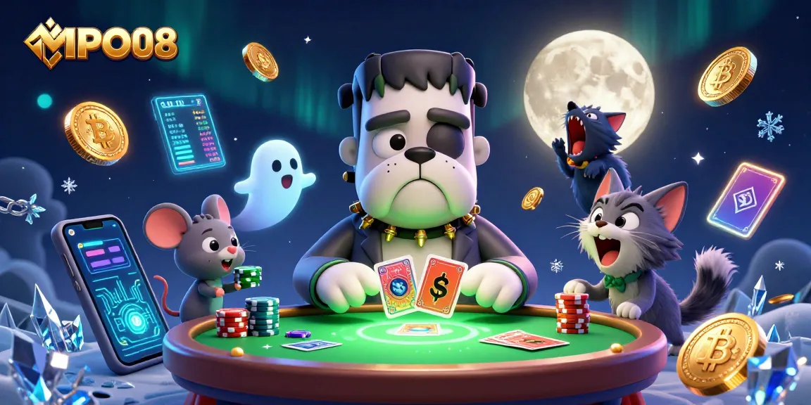 MPO08 showcases thrill as a Frankenstein bulldog deals cards amidst crypto coins and playful elements.