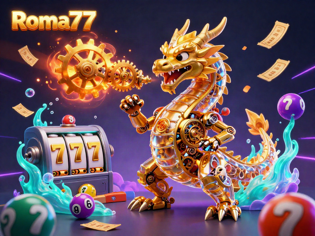 Experience the excitement of Roma77 with a golden dragon and slot elements in a vibrant casino setting.