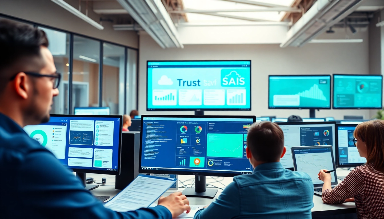 Saas software interface in an engaging, collaborative office environment.