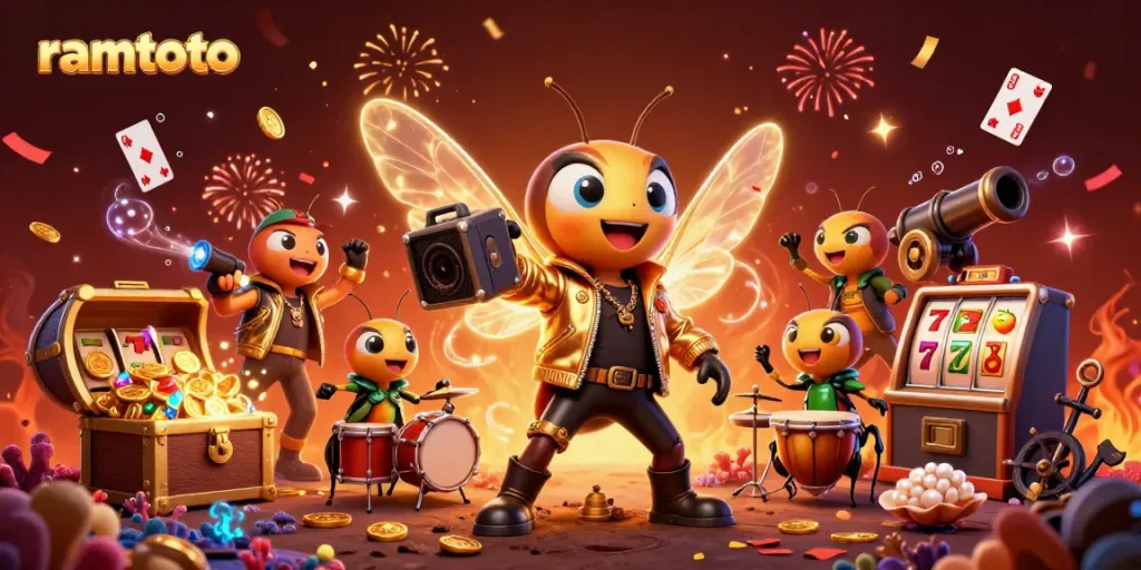 Permainan ramtoto menampilkan cicada rock star dan elemen kasino dengan efek hias yang meriah.