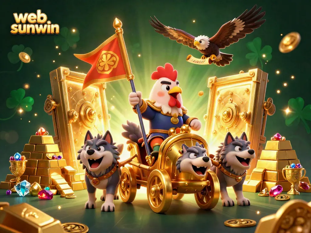 Engage in exciting gameplay at web sunwin featuring a cartoon rooster warlord and golden treasures.