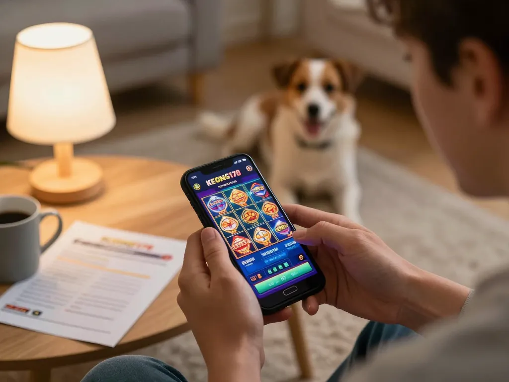 Player enjoying KEONG178 on smartphone, immersed in exciting slot gameplay, showcasing colorful app interface.