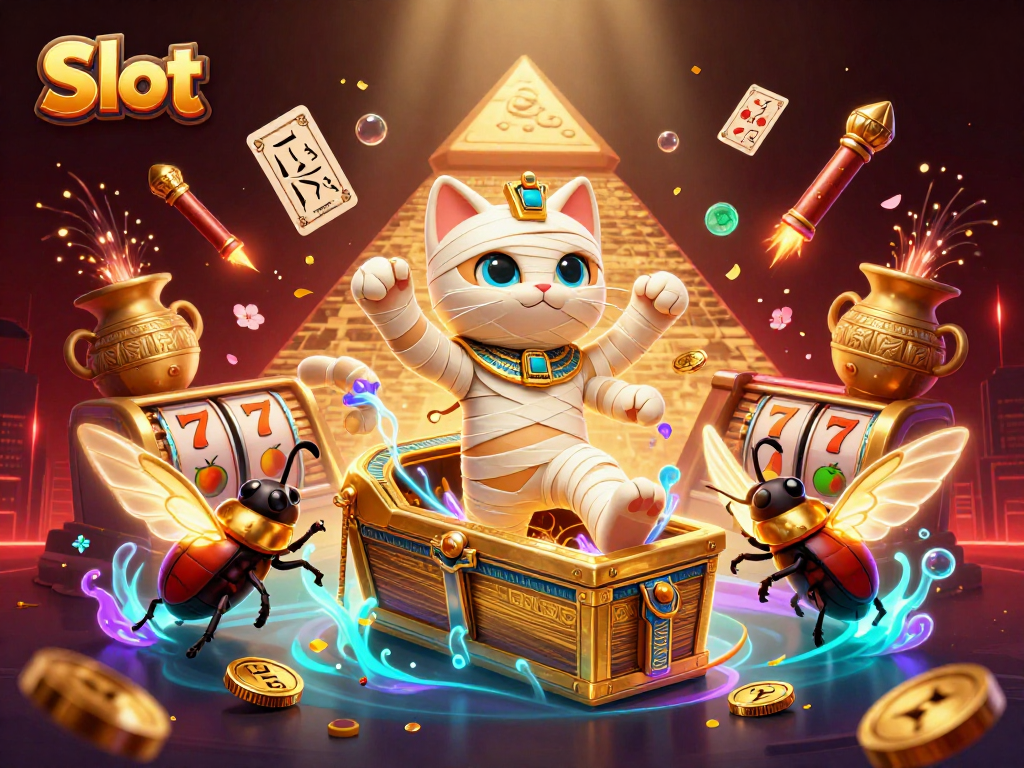 Experience exhilarating Slot gaming with a dynamic scene featuring a mummy cat, glowing scarab, and thrilling casino elements.