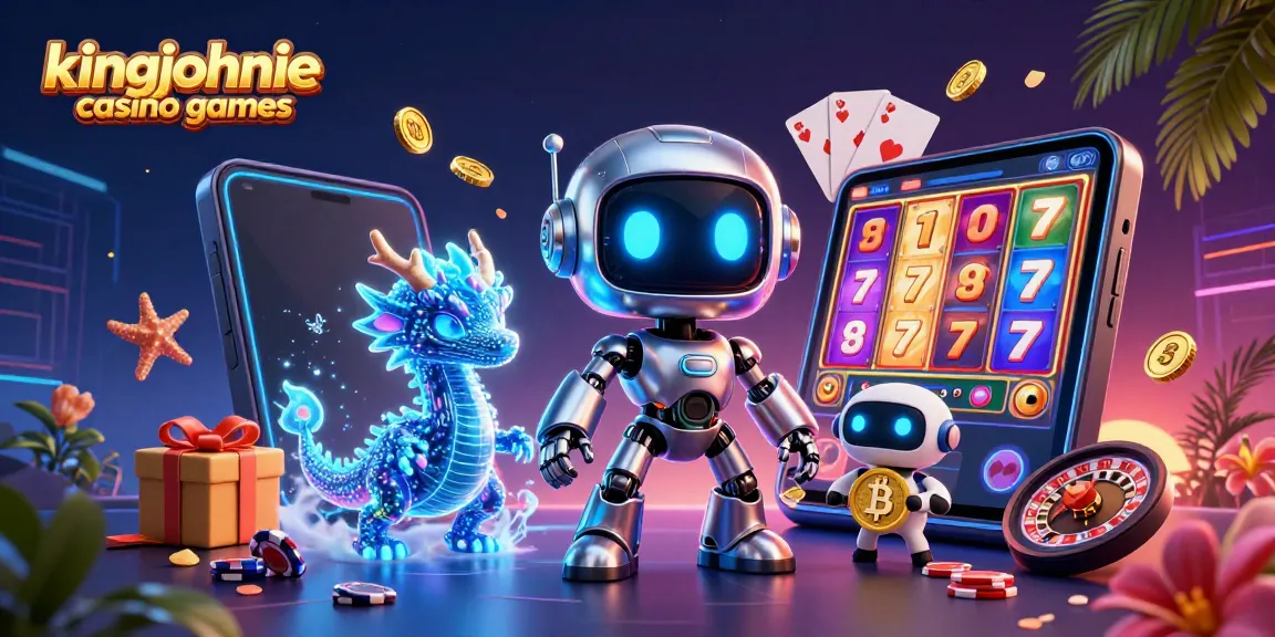 Exciting illustration of kingjohnnie casino games featuring a cyberpunk robot, dragon, and bitcoin drone amidst vibrant game elements.